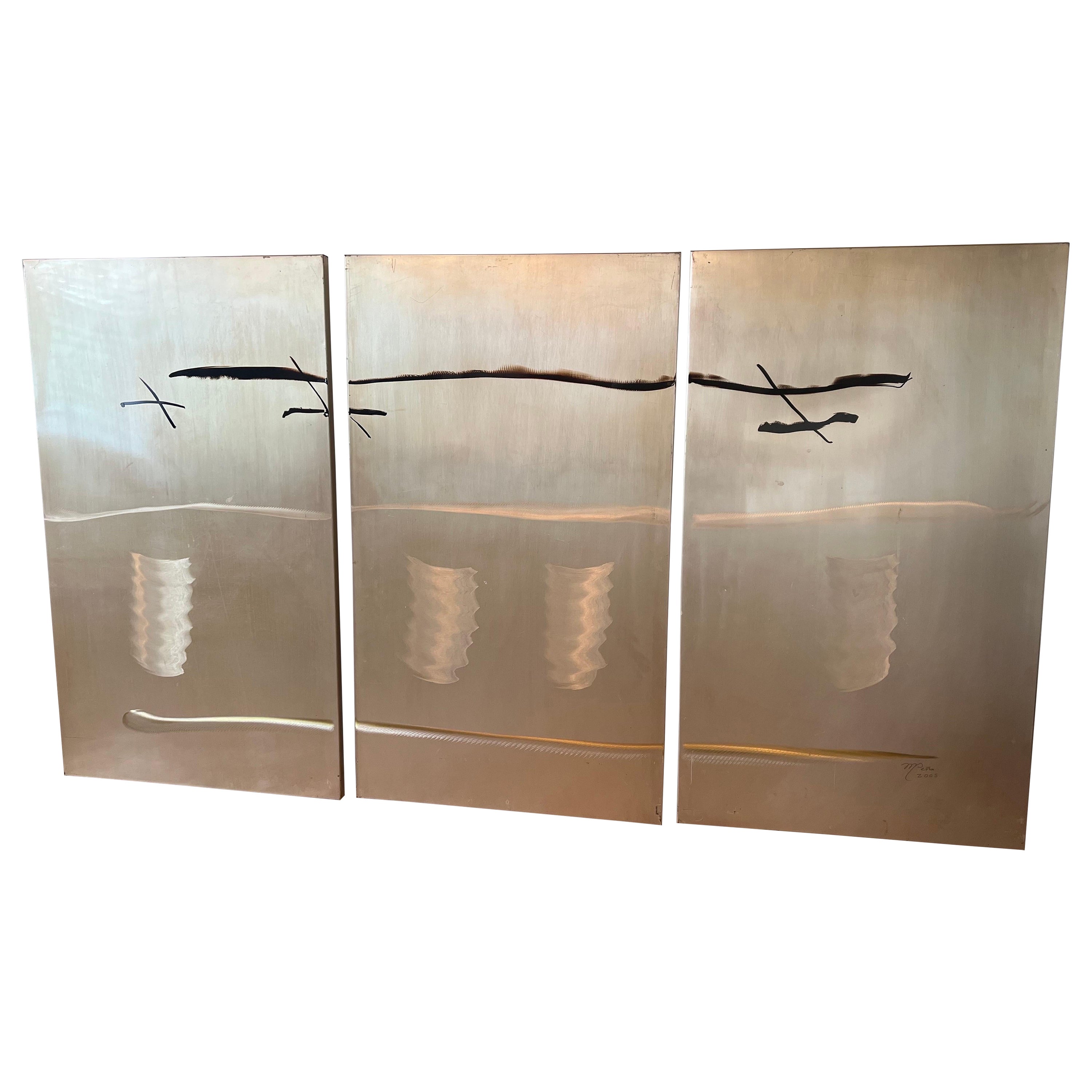 Brutalist Style Abstract Brass Panels Etched with Modern Paint - Signed M. Pena For Sale