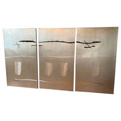 Brutalist Style Abstract Brass Panels Etched with Modern Paint - Signed M. Pena
