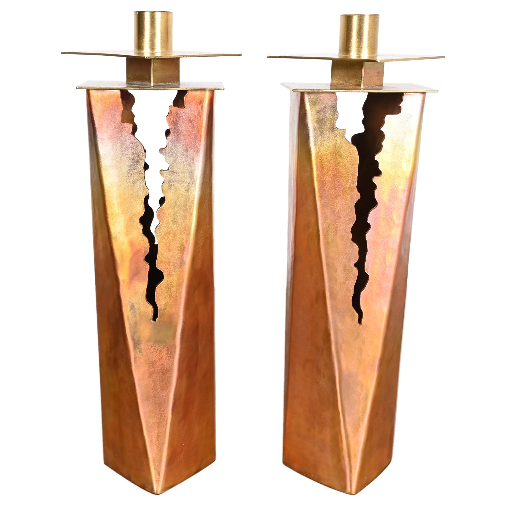 Paul Evans Style Brutalist Hand Wrought Copper Candlesticks, Circa 1970s For Sale