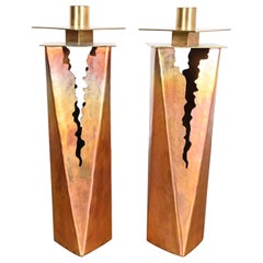 Paul Evans Style Brutalist Hand Wrought Copper Candlesticks, Circa 1970s