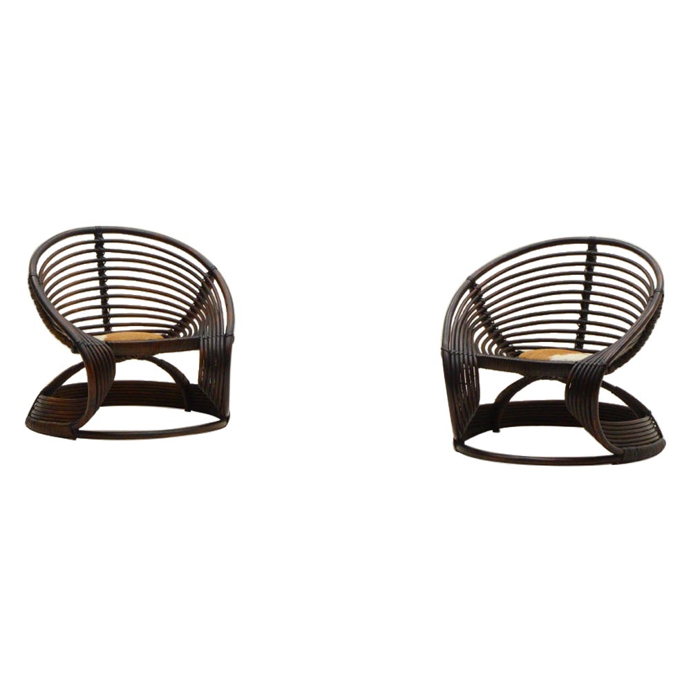 Set of 2 rattan hand made lounge chairs, Italy 1960s. For Sale