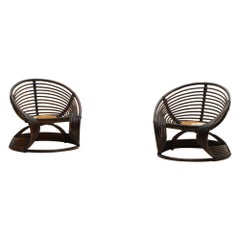 Vintage Set of 2 rattan hand made lounge chairs, Italy 1960s.