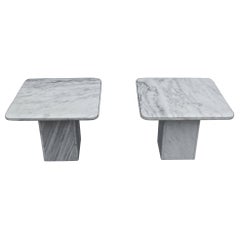 Vintage Pair of Italian Side Tables in White Marble With Grey Veining 1970s