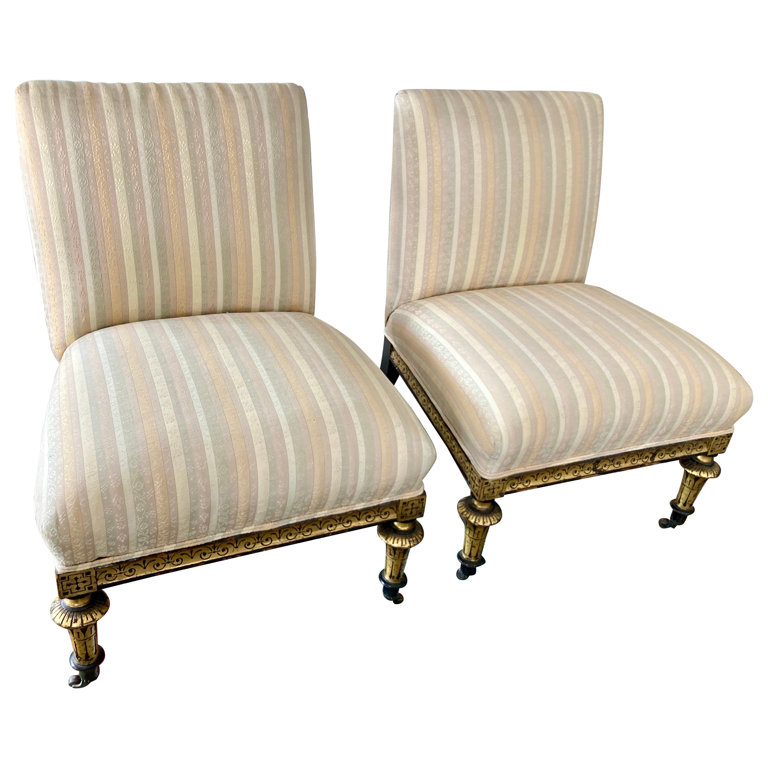 French Napoleon III Slipper Chairs Gilt Ebony Details, a Pair For Sale