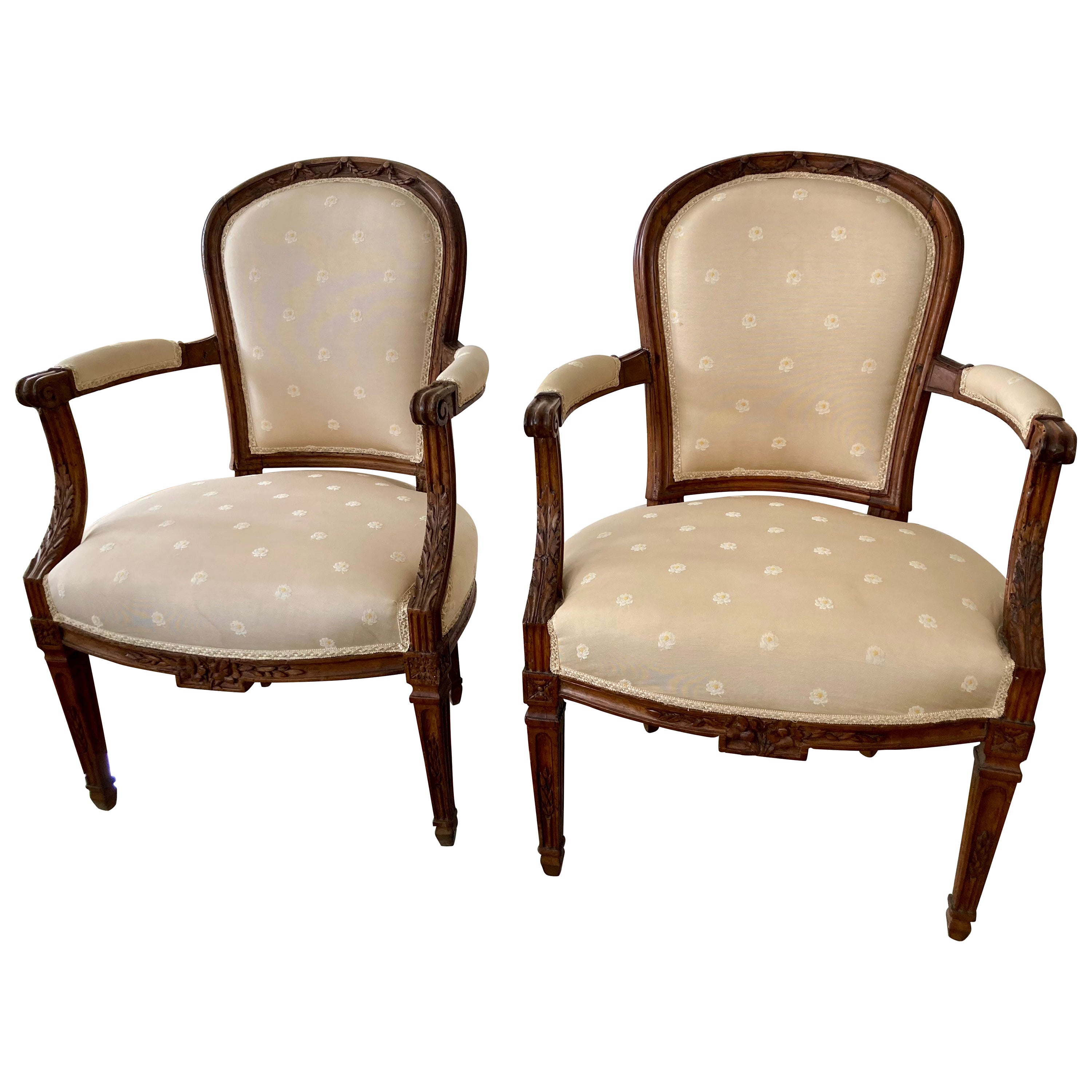 French 18th Century Hand Carved Fauteuil Chairs, a Pair For Sale