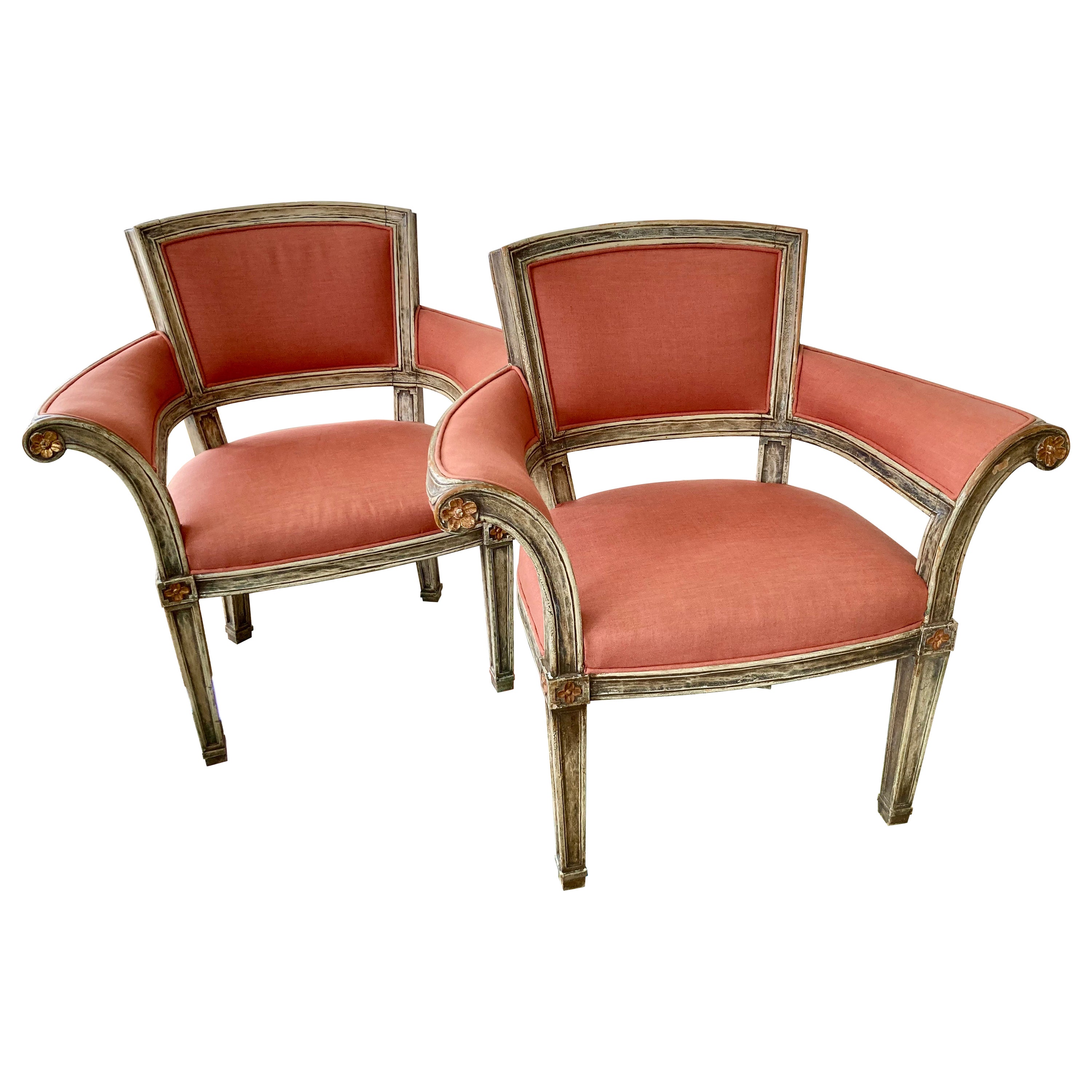 French Style Transitional Fauteuils With Linen Upholstery, a Pair For Sale