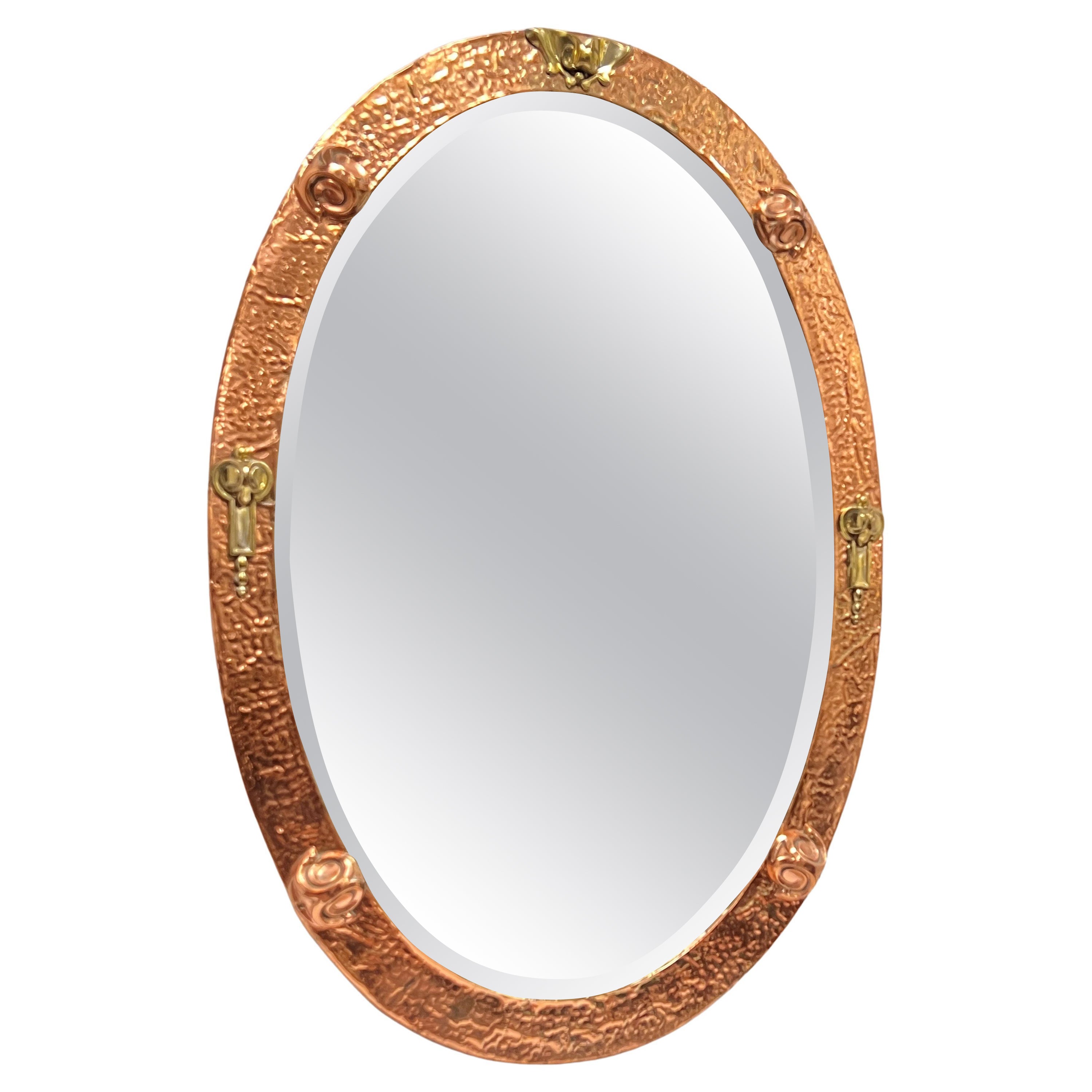 Arts and Crafts Hand-Hammered Copper and Brass Oval Wall Mirror For Sale
