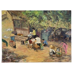 Vintage Pintura original firmada sobre lienzo de Escena callejera de pueblo.