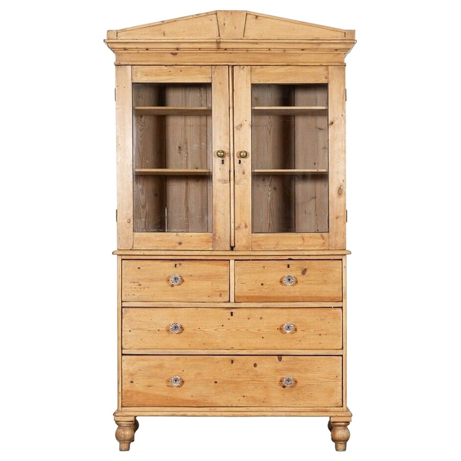19thC Large English Glazed Pine Housekeepers Cabinet For Sale