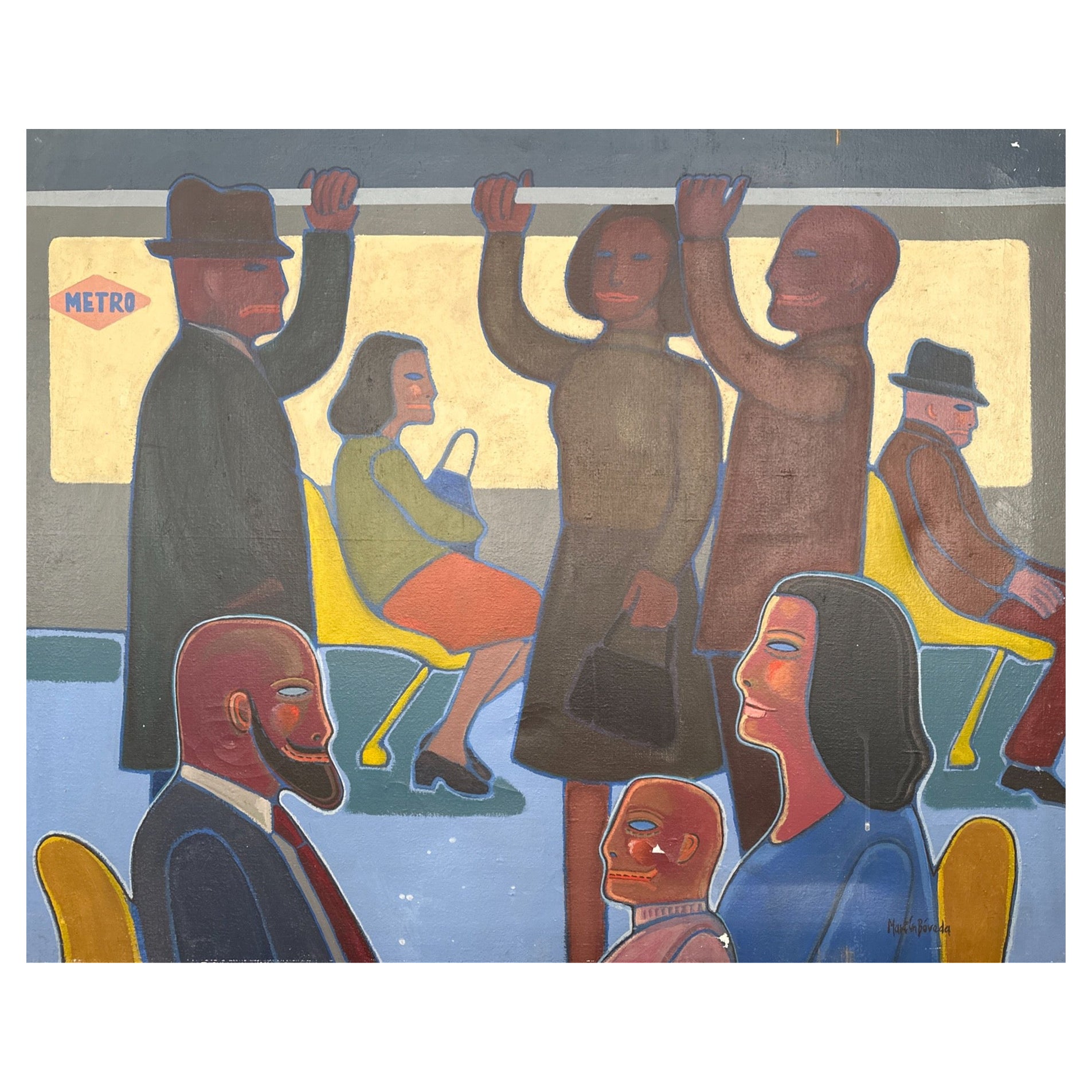 Oil Painting about People on an subway train route For Sale