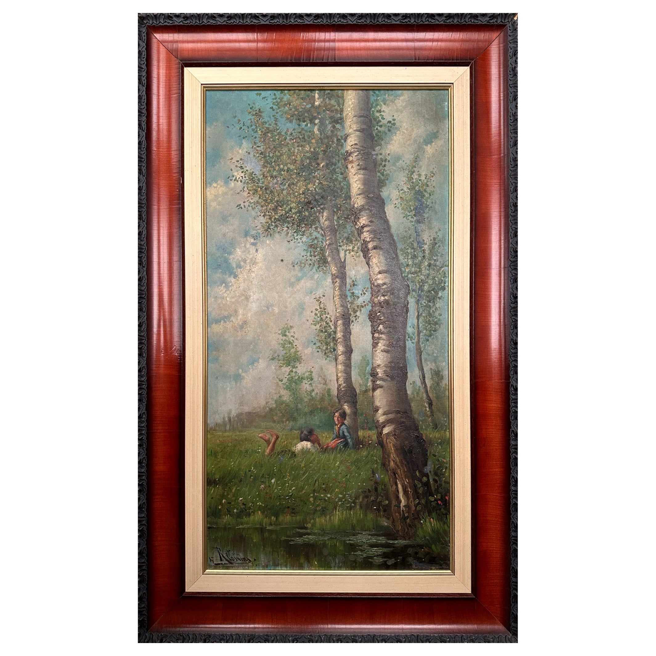 Peinture à l'huile d'un beau paysage avec deux enfants en vente