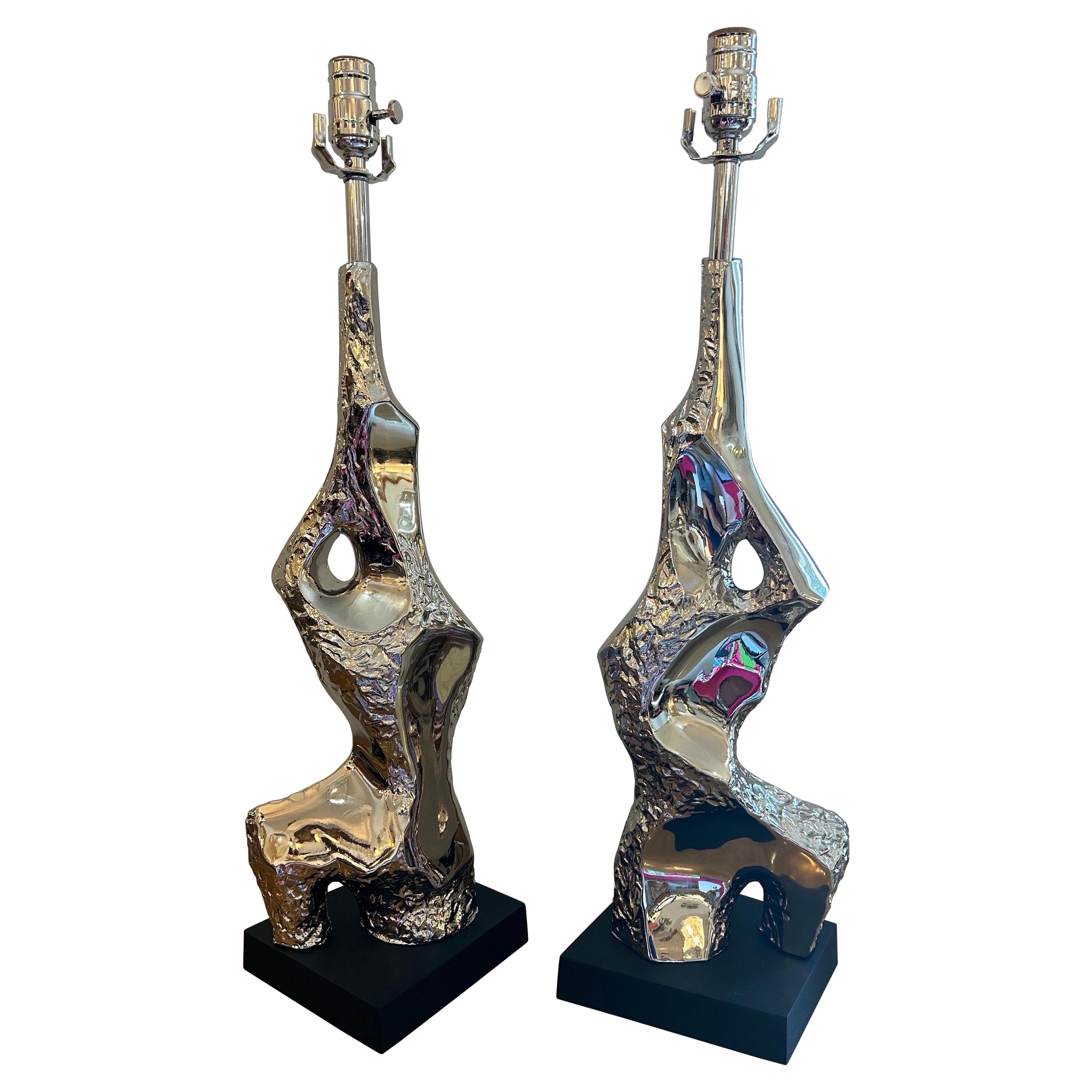 Pair of 1970s silver brutalist table lamps by Richard Barr for Laurel lamp