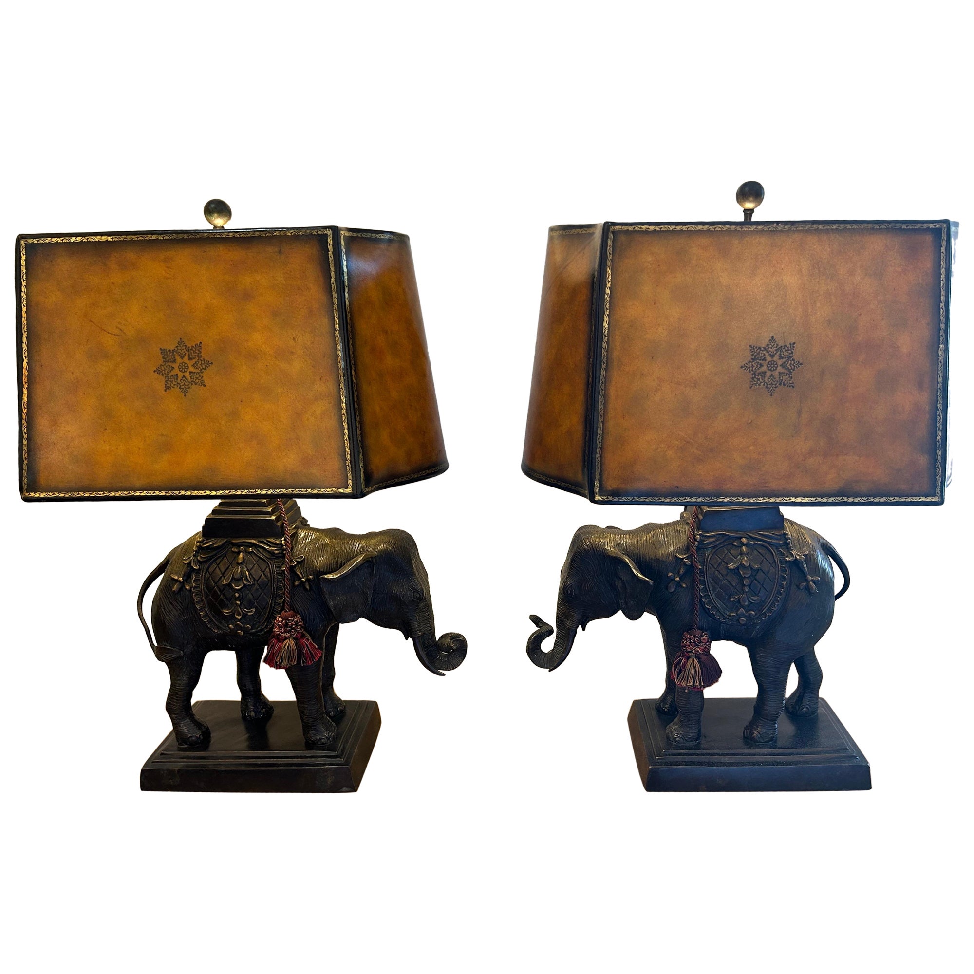 Pair of Maitland Smith, large bronze elephant lamps For Sale