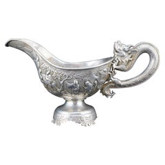 Chinese Silver Repousse Dragon Handle Sauce Boat by Luen Wo