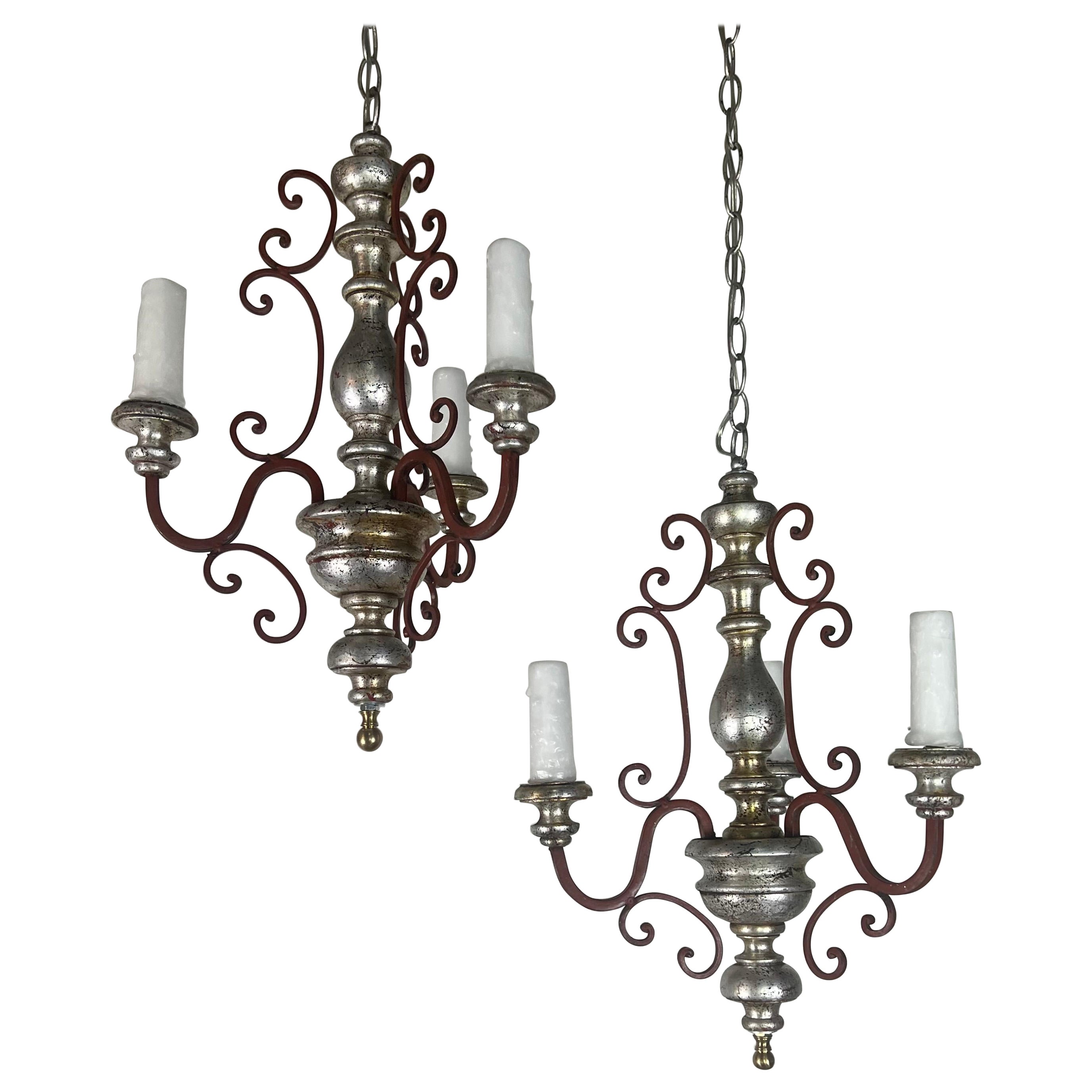 Pair of Italian Silvered Wood & Iron Chandeliers For Sale