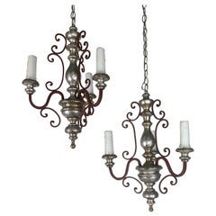 Pair of Italian Silvered Wood & Iron Chandeliers