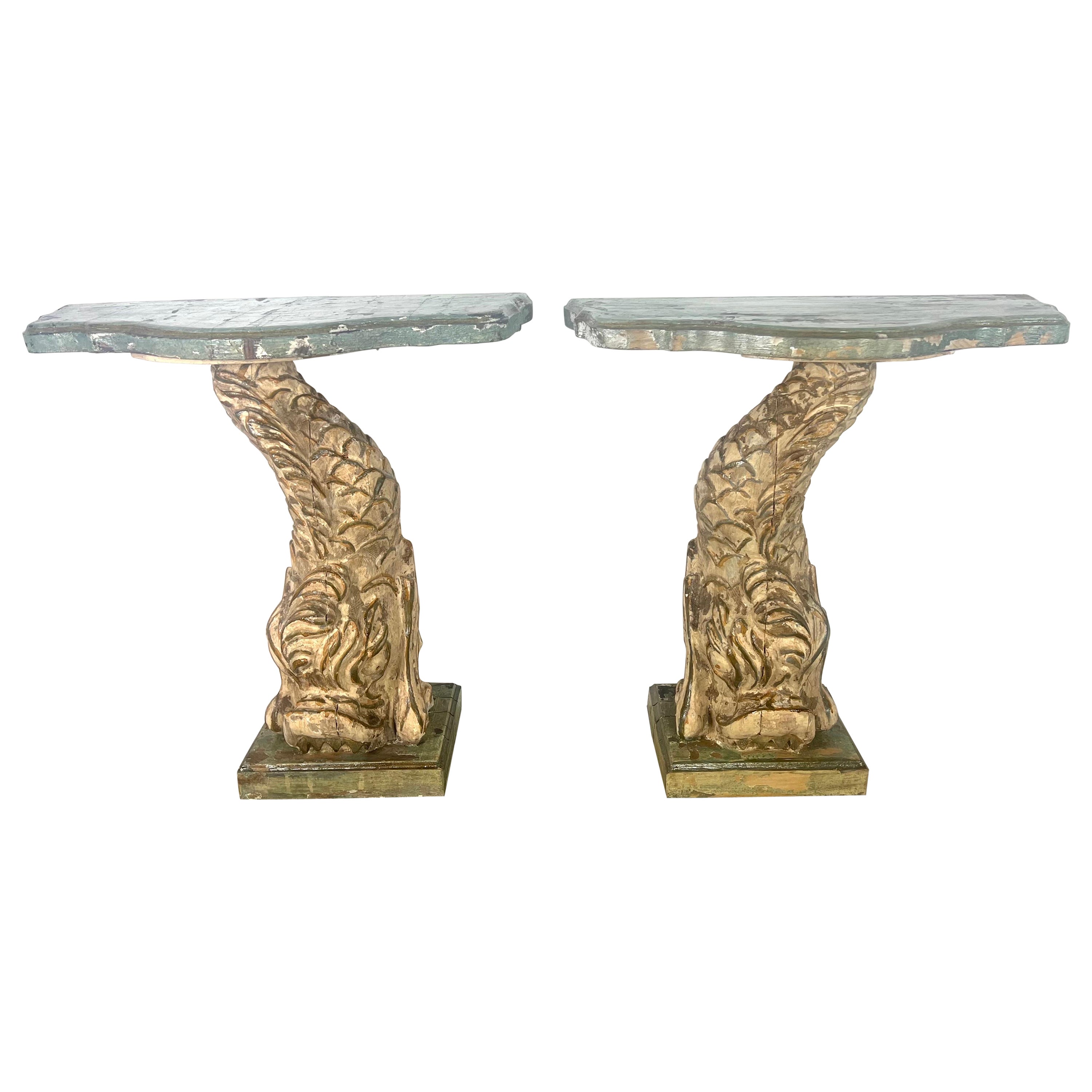 Pair of Italian Painted & Gilt Wood Consoles For Sale