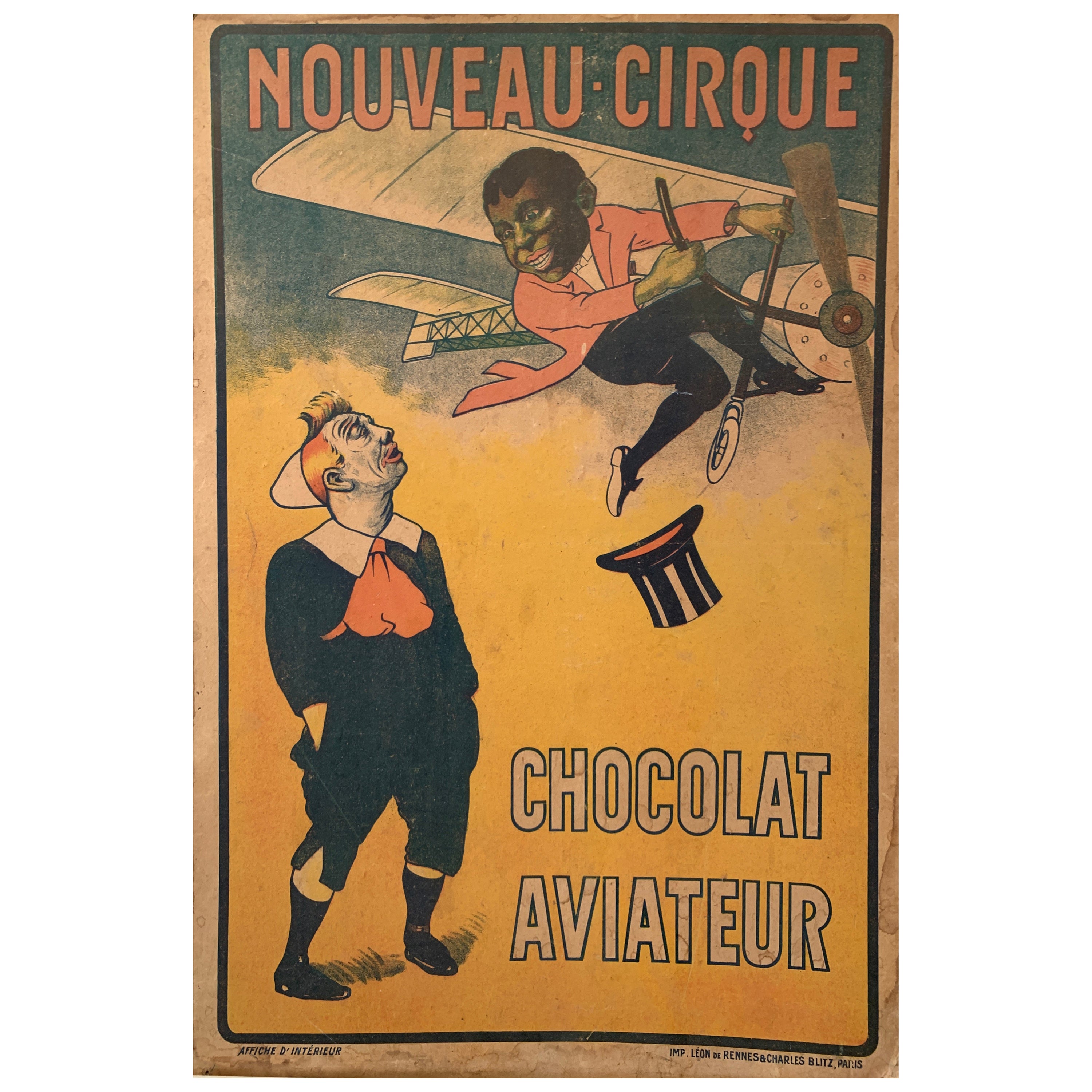 Turn of the Twentieth Century's European Circus Poster, 1909, Chocolat Aviateur For Sale