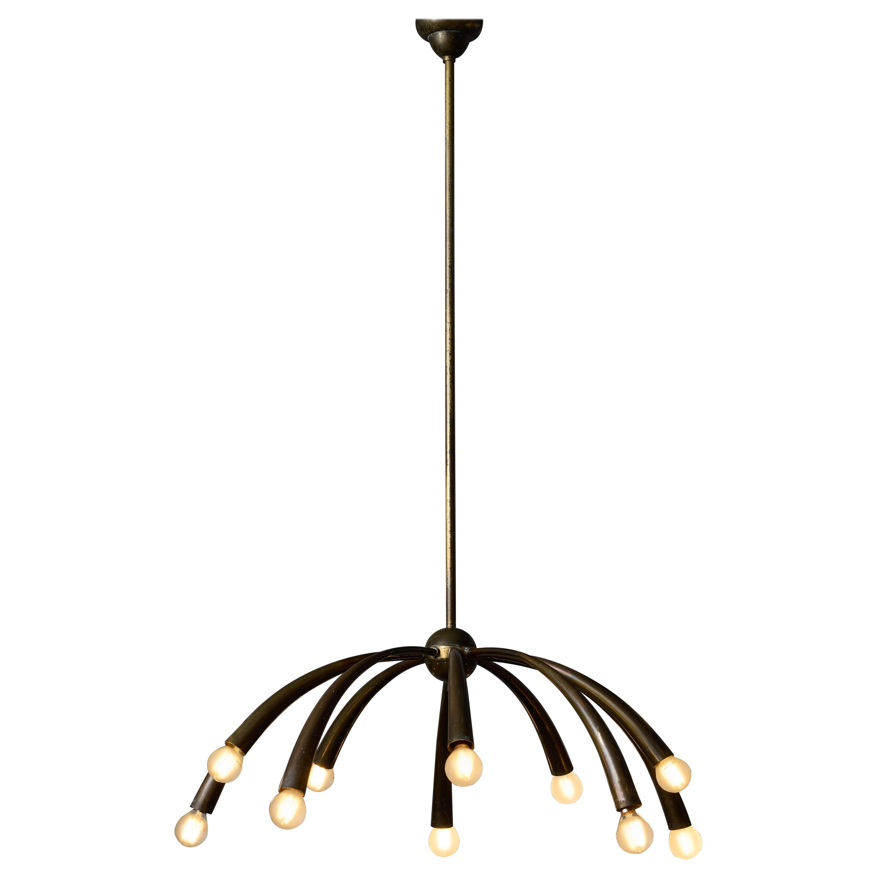 Oscar Torlasco for Lumi Brass Chandelier with Ten Curved Arms of Light For Sale