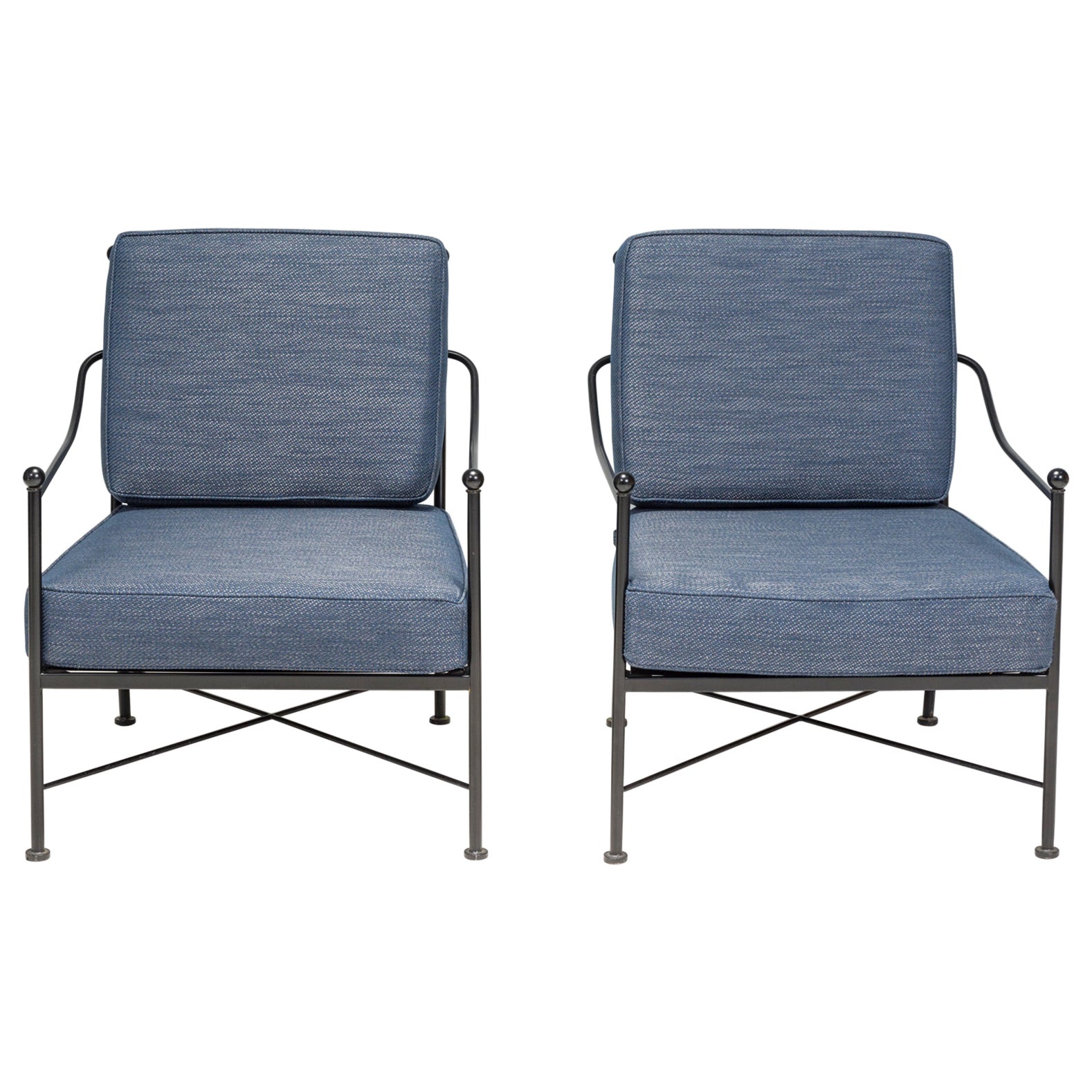 Wrought Iron Outdoor Blue Armchairs, Set of 2