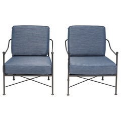 Vintage Wrought Iron Outdoor Blue Armchairs, Set of 2
