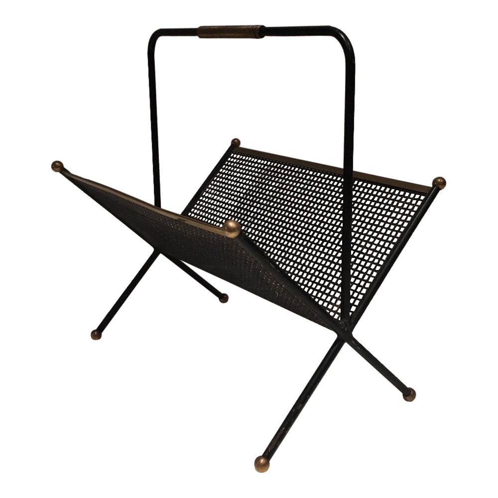 Black Lacquered Perforated Sheet and Brass Design Magazine Rack, French Work For Sale