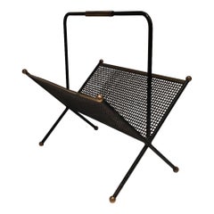Vintage Black Lacquered Perforated Sheet and Brass Design Magazine Rack, French Work