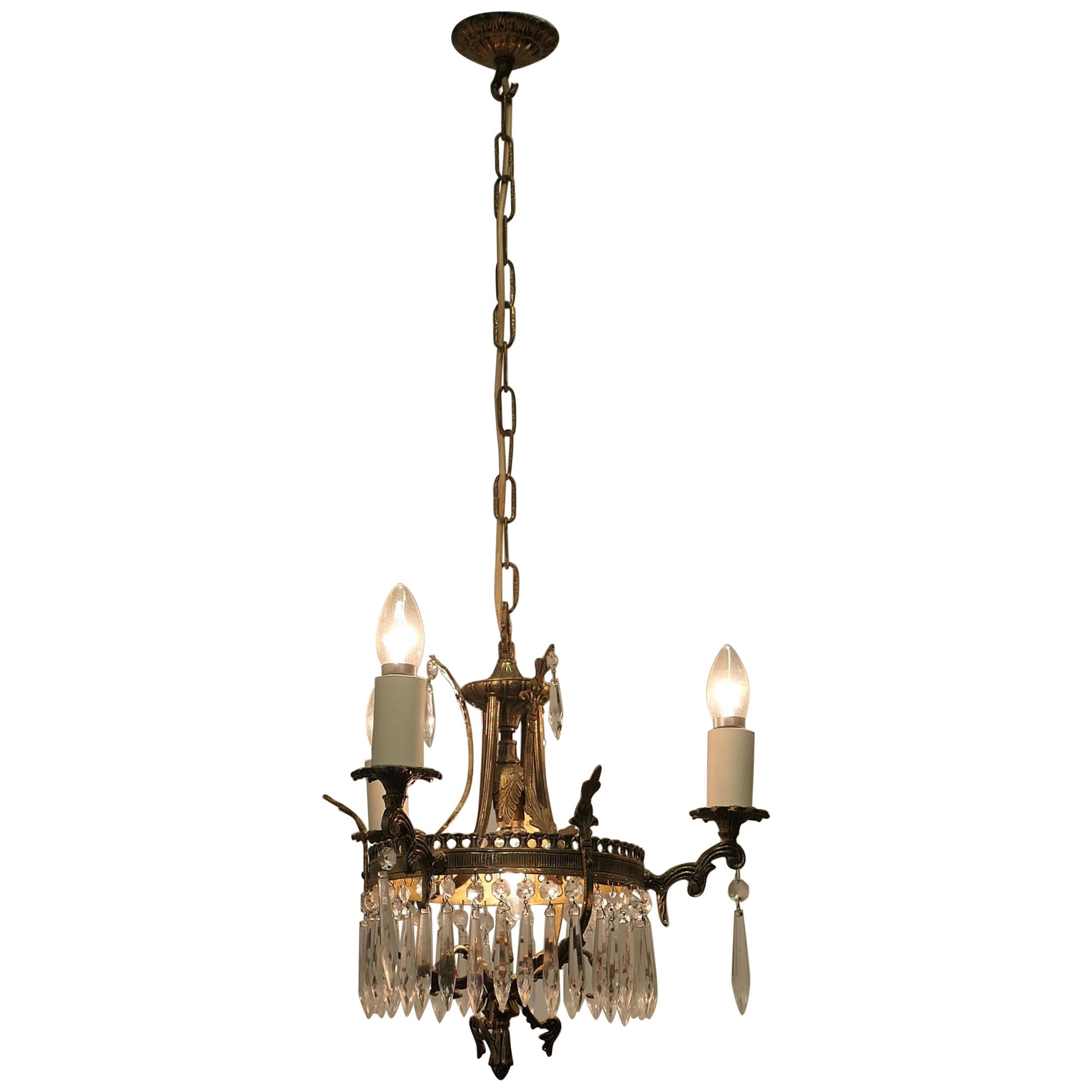 A Stunning 3 Branch Brass and Crystal Chandelier   This is excellent quality  For Sale