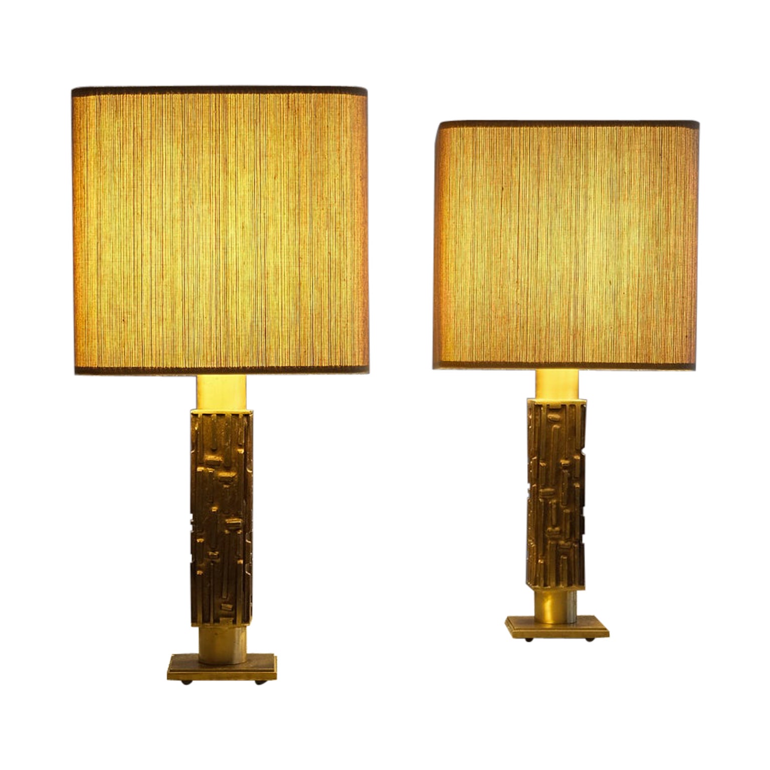 a pair of brutalistic brass table lamps by angelo brotto, italy, 1960s For Sale