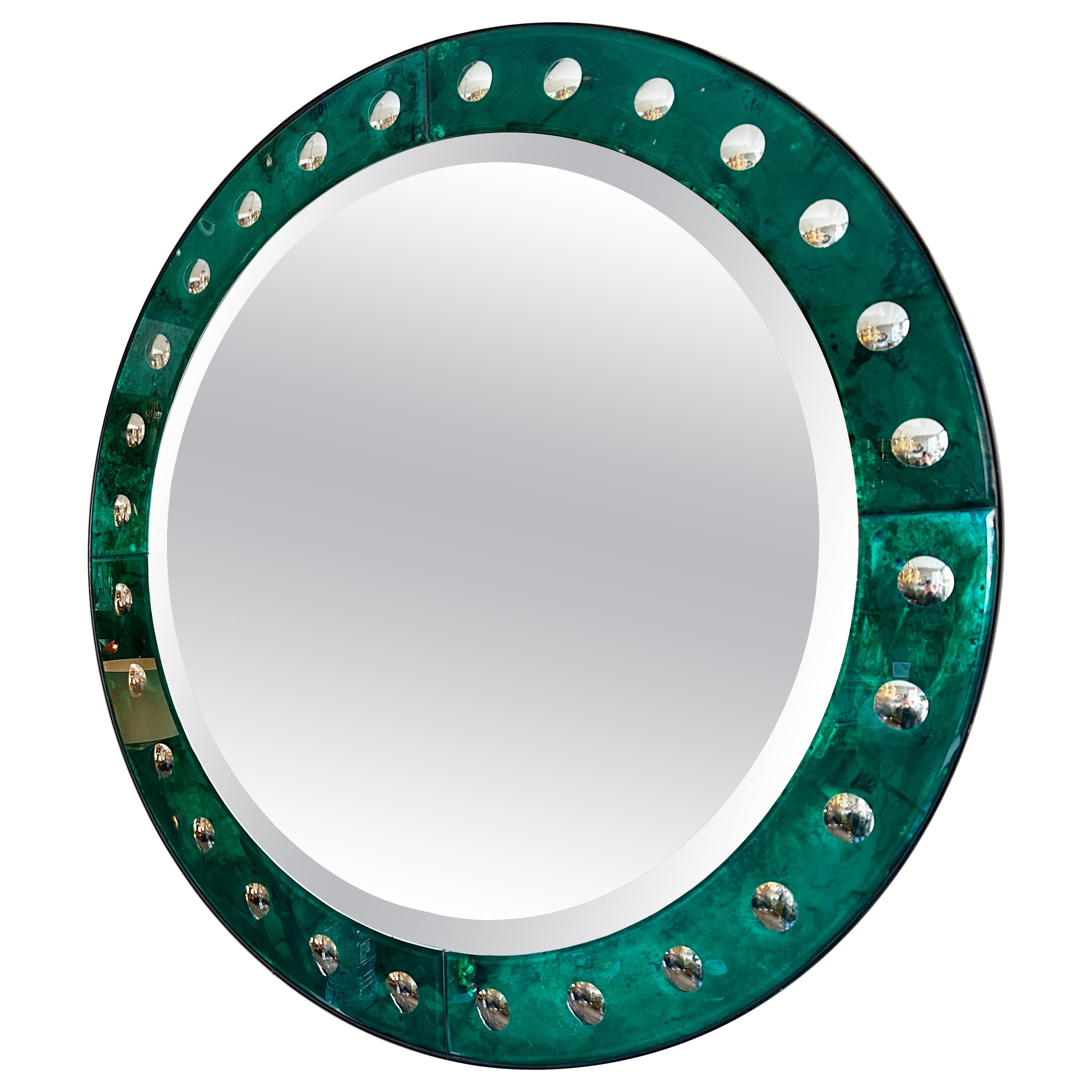 A Venetian Style Circular Emerald Green Bordered Mirror  For Sale