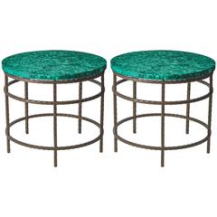 Pair of Malachite Circular Side Tables on Bronze Frames