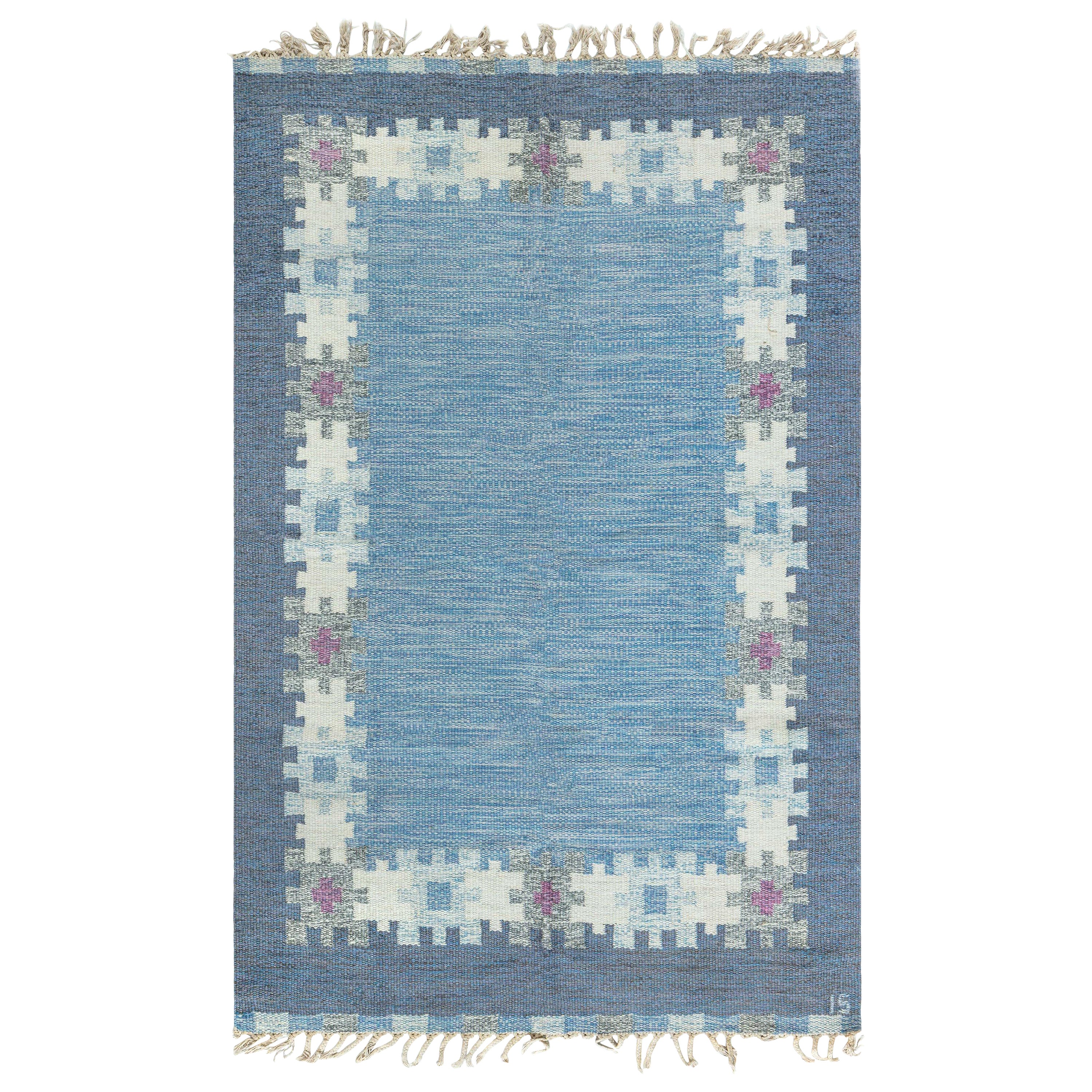 Midcentury Swedish Blue Rug by Ingegerd Silow Woven I.S For Sale