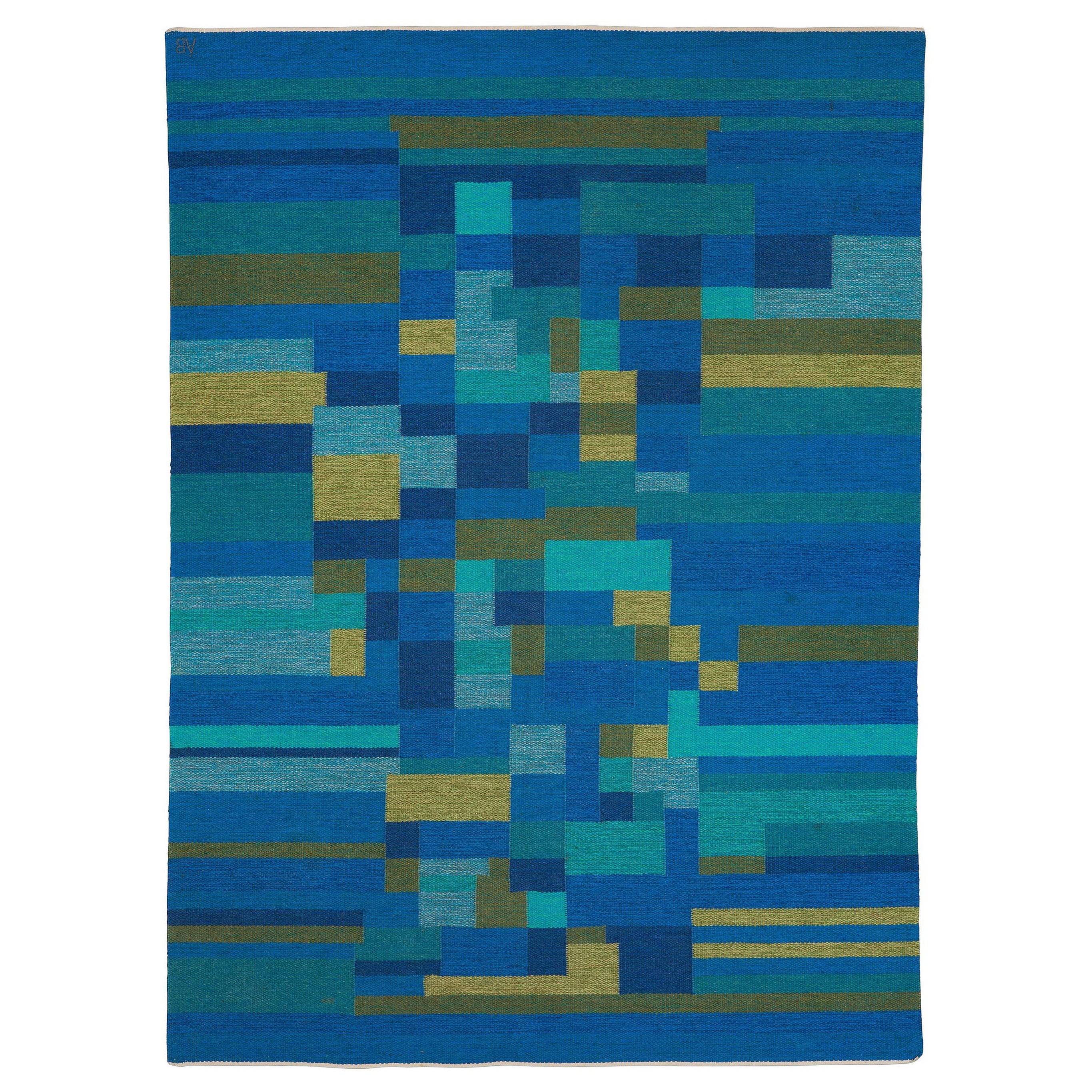 Midcentury Swedish Flat-Weave Wool Rug signed AB For Sale