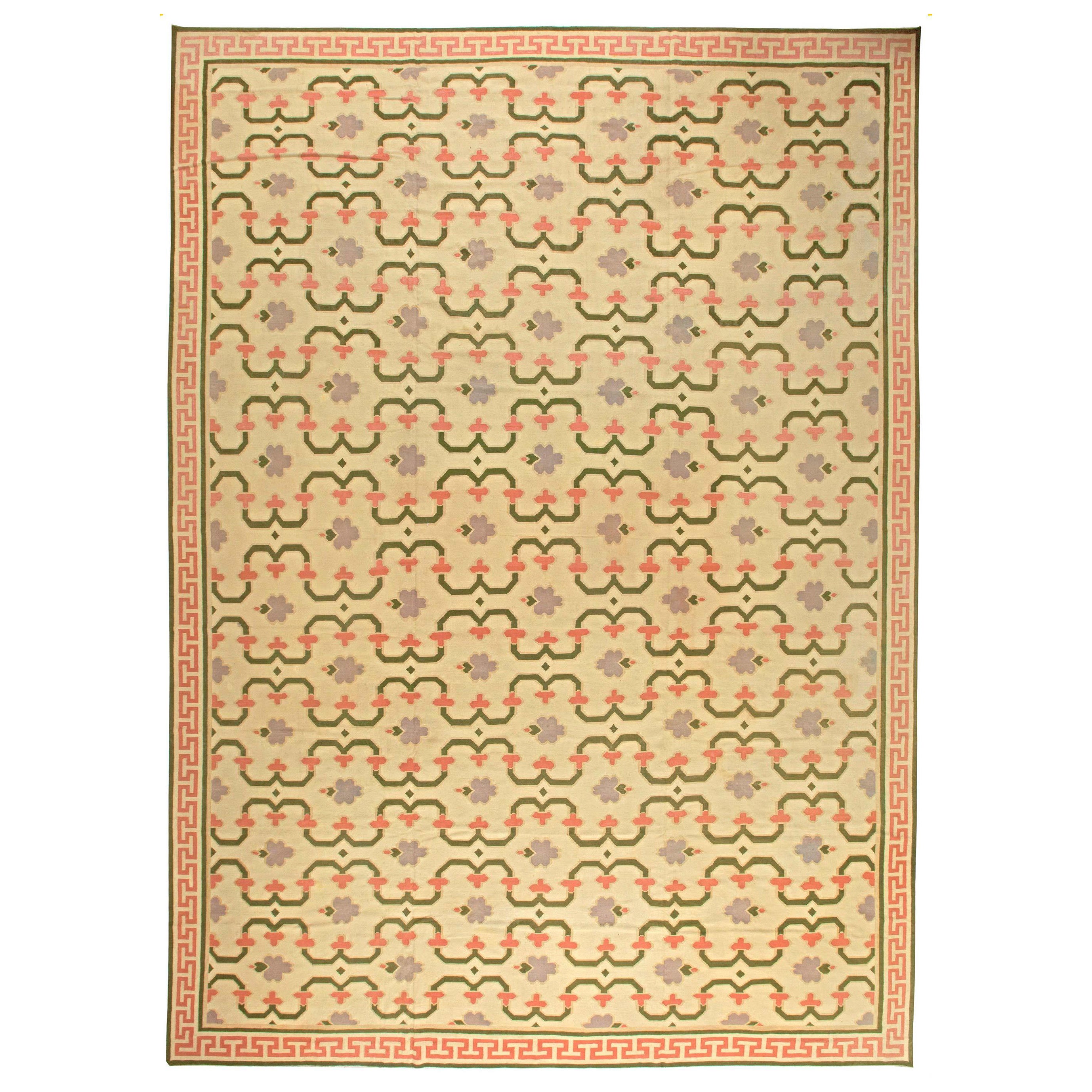 Midcentury Indian Dhurrie Handwoven Cotton Rug For Sale