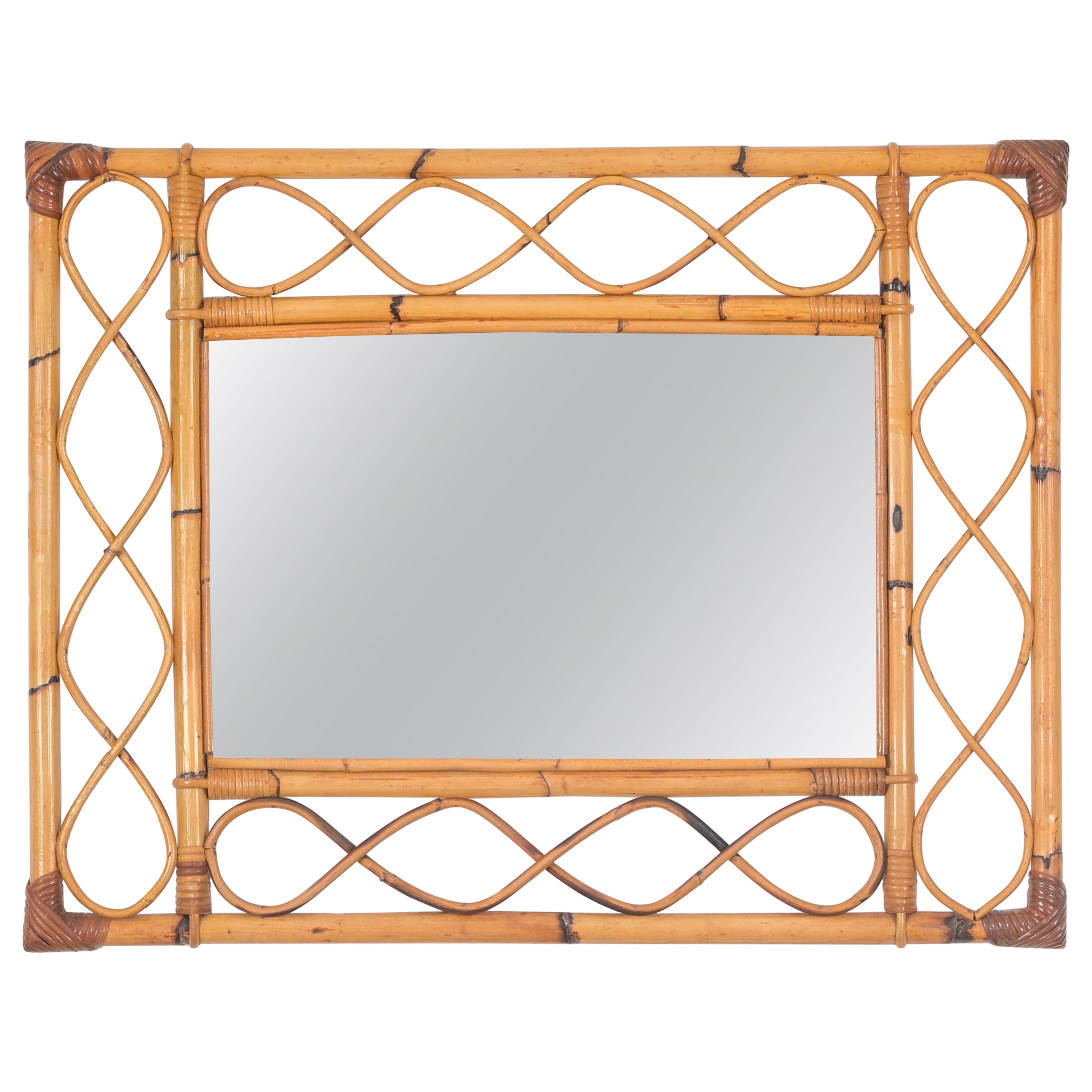 Midcentury French Riviera Bamboo, Rattan, Wicker Rectangular Mirror, Italy 1960s For Sale