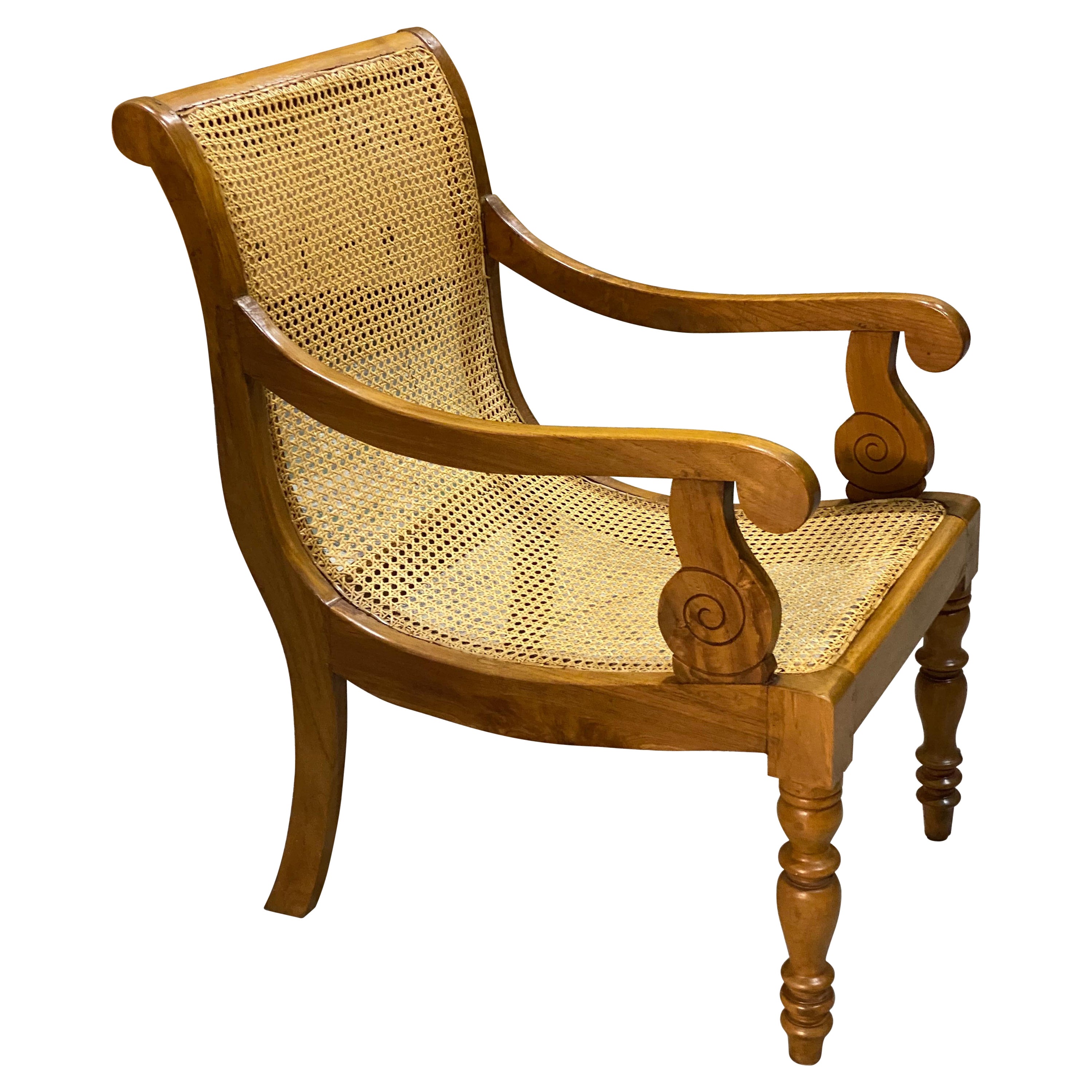 British Colonial Ceylonese Solid Satinwood & Hand Cane Armchair For Sale