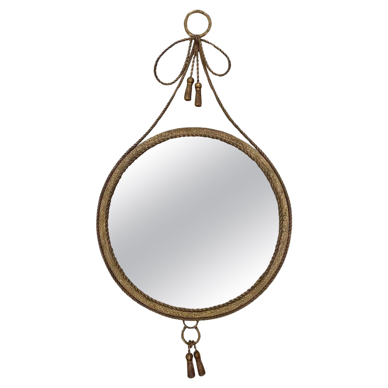 Surrealist Round Mirror with Twisted Metal Trim + Draped Tassels For Sale