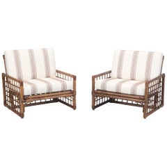 Pair of Italian c1960's Bamboo and Leather Armchairs with Brass Details.