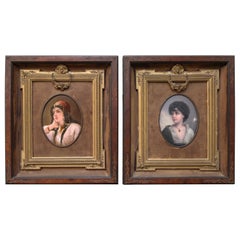 Antique 19th Century Pair of KPM Attributed Porcelain Painted Plaques of Woman & Boy 