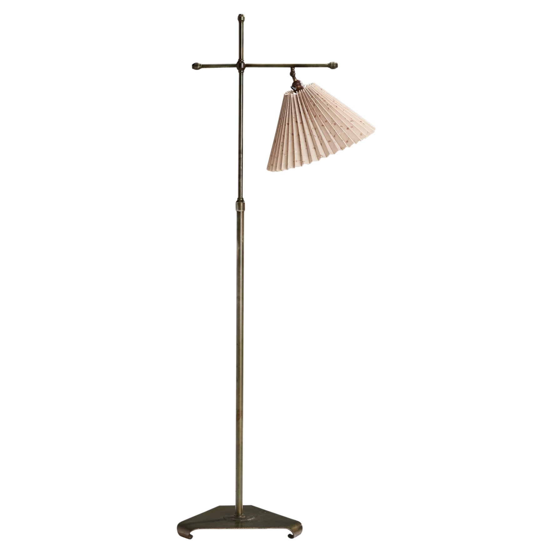 Swedish Designer, Floor Lamp, Bronze, Fabric, Sweden, 1940s For Sale
