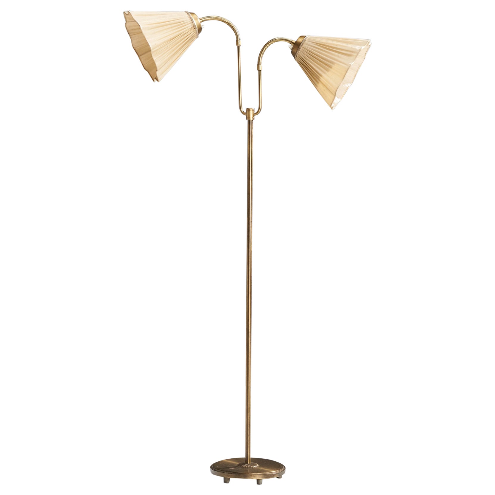 Swedish Designer, Floor Lamp, Brass, Fabric, Sweden, 1940s