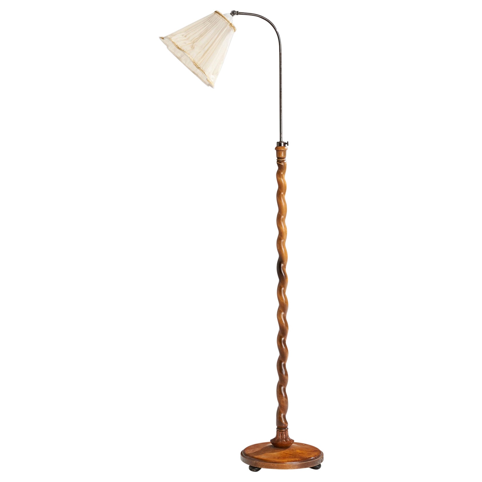 Swedish Designer, Floor Lamp, Birch, Nickel, Fabric, Sweden, 1930s For Sale