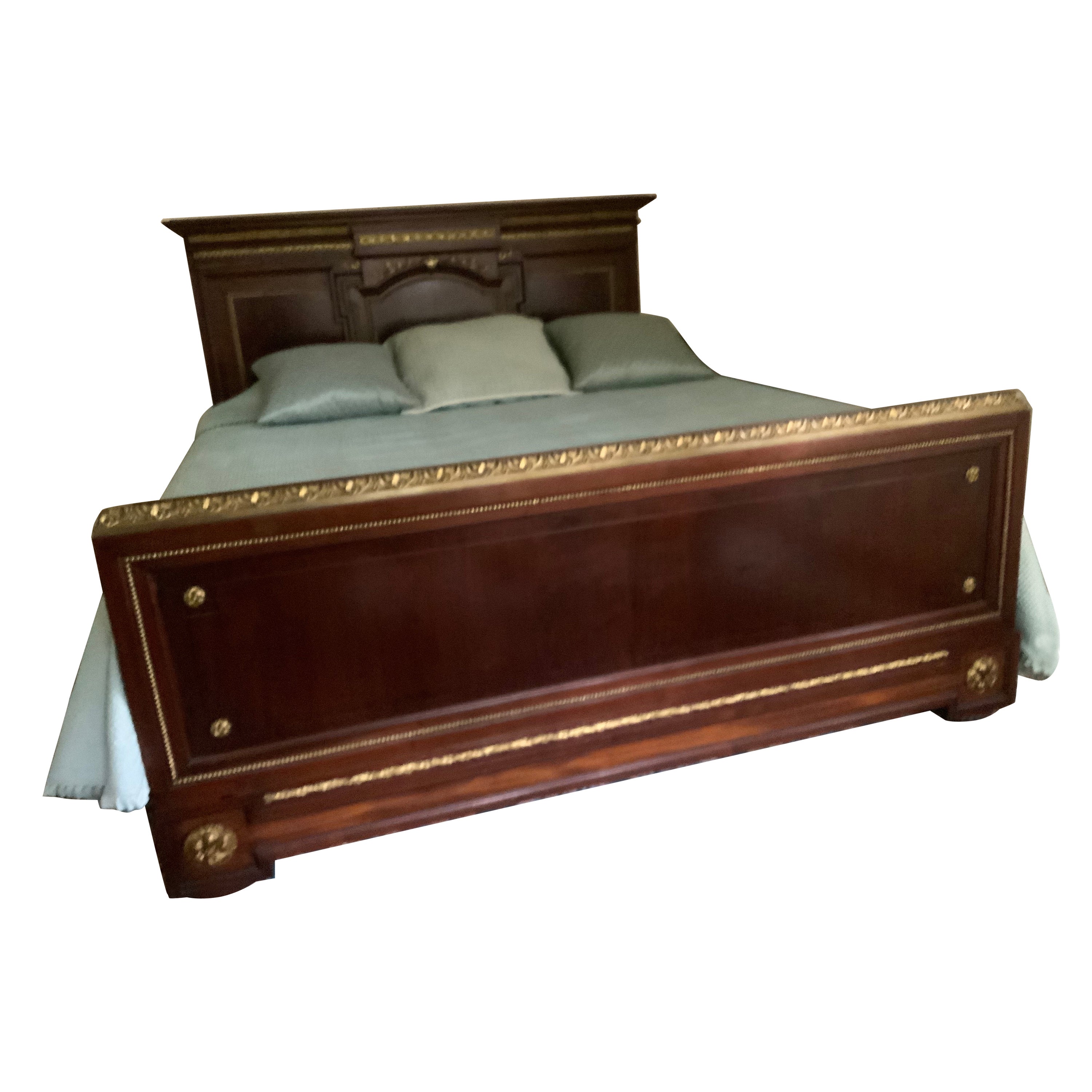 Antique French Kingsize bed, mahogany with gilt bronze accent For Sale