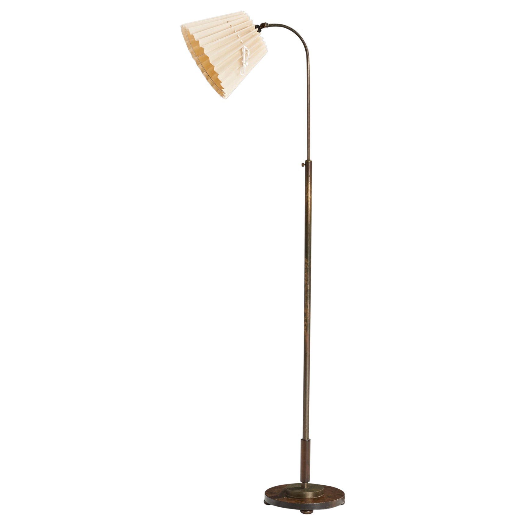 Swedish Designer, Floor Lamp, Brass, Birch, Fabric, Sweden, 1920s