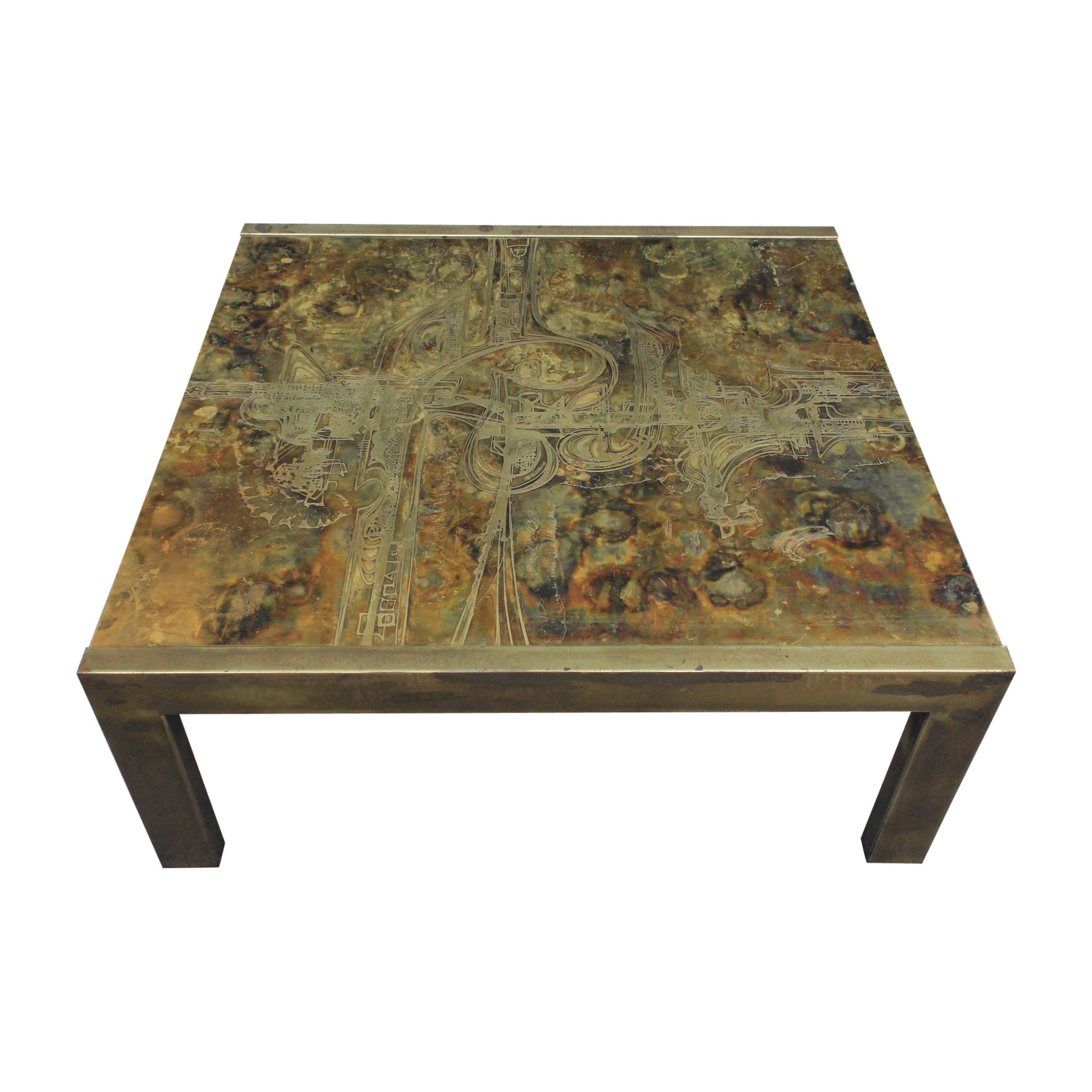 1960s Bernhard Rohne for Mastercraft Acid-Etched Brass Coffee Table Mid Century For Sale