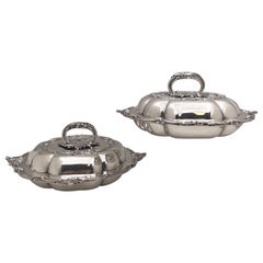 Antique Pair of Hunt (Assistant to Storr) Sterling Silver 1850 Covered Vegetable Dishes