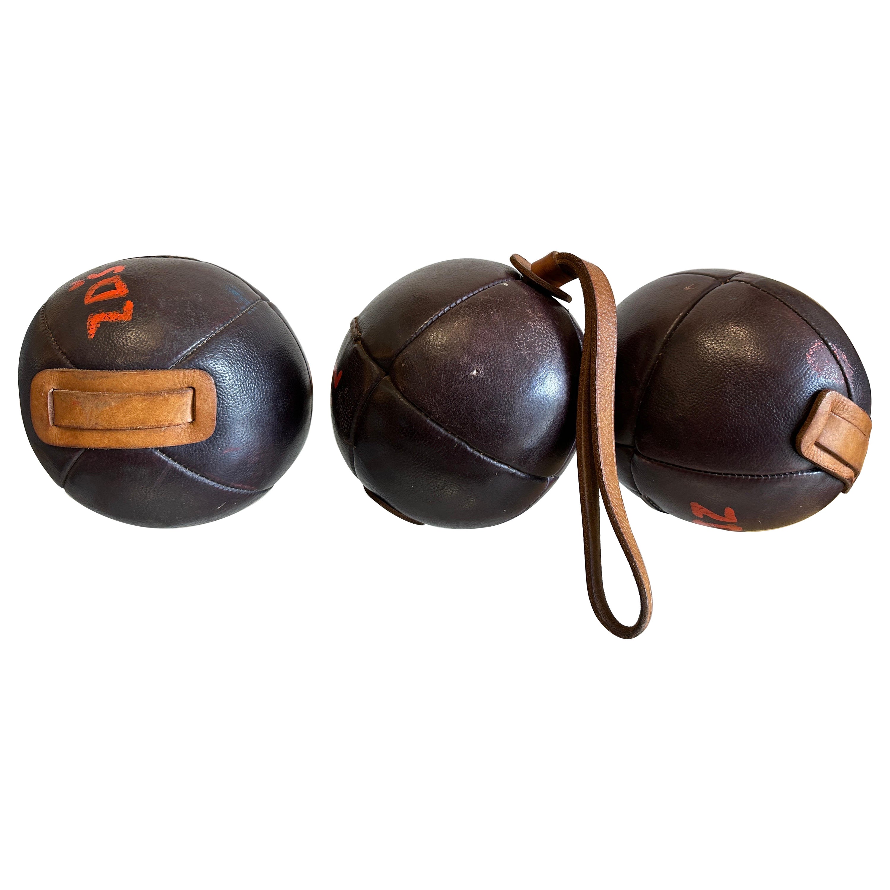 Three Vintage Leather Gym Accessories, France 1930's For Sale