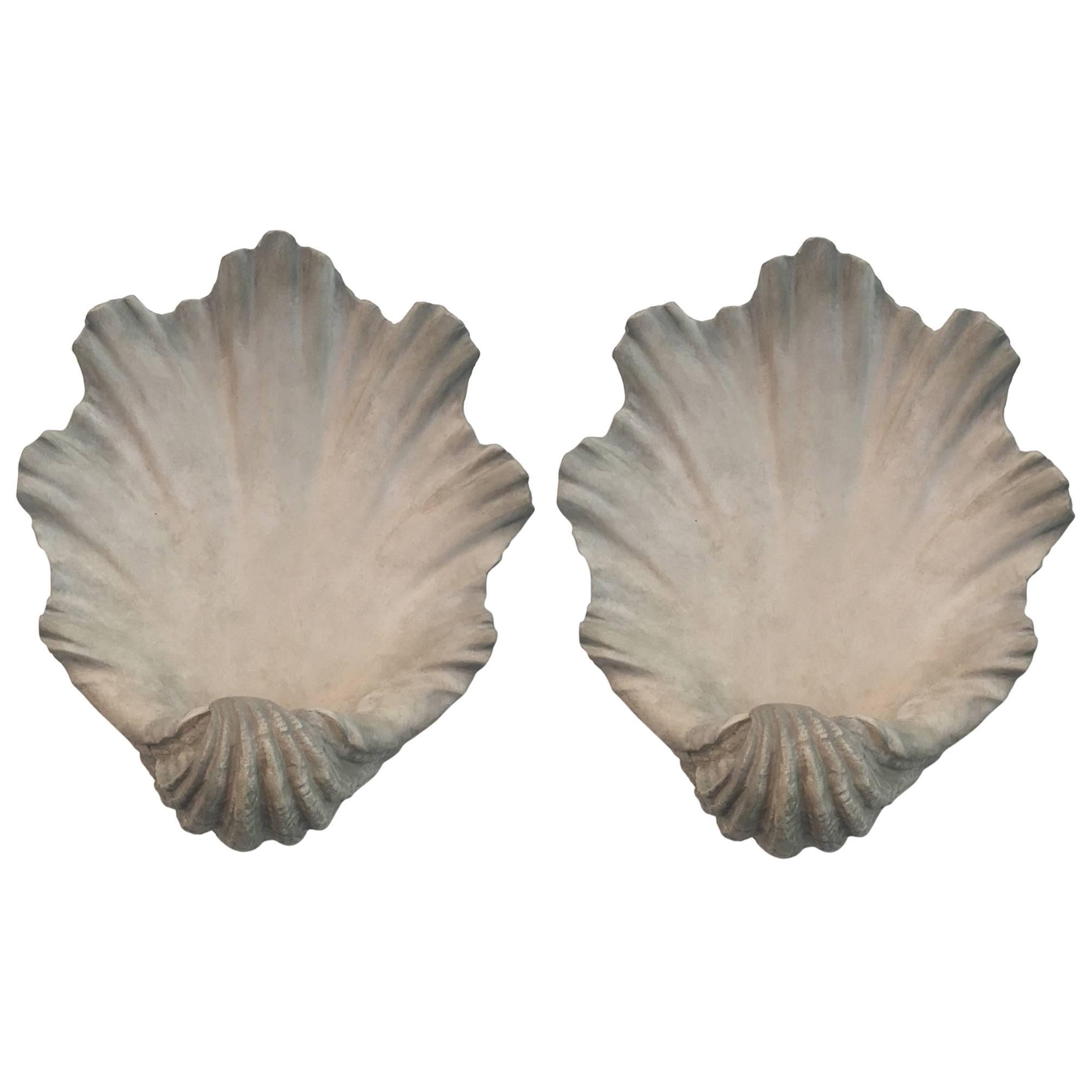Pair of Modern Scallop Shell Wall Lights, Antiqued Plaster