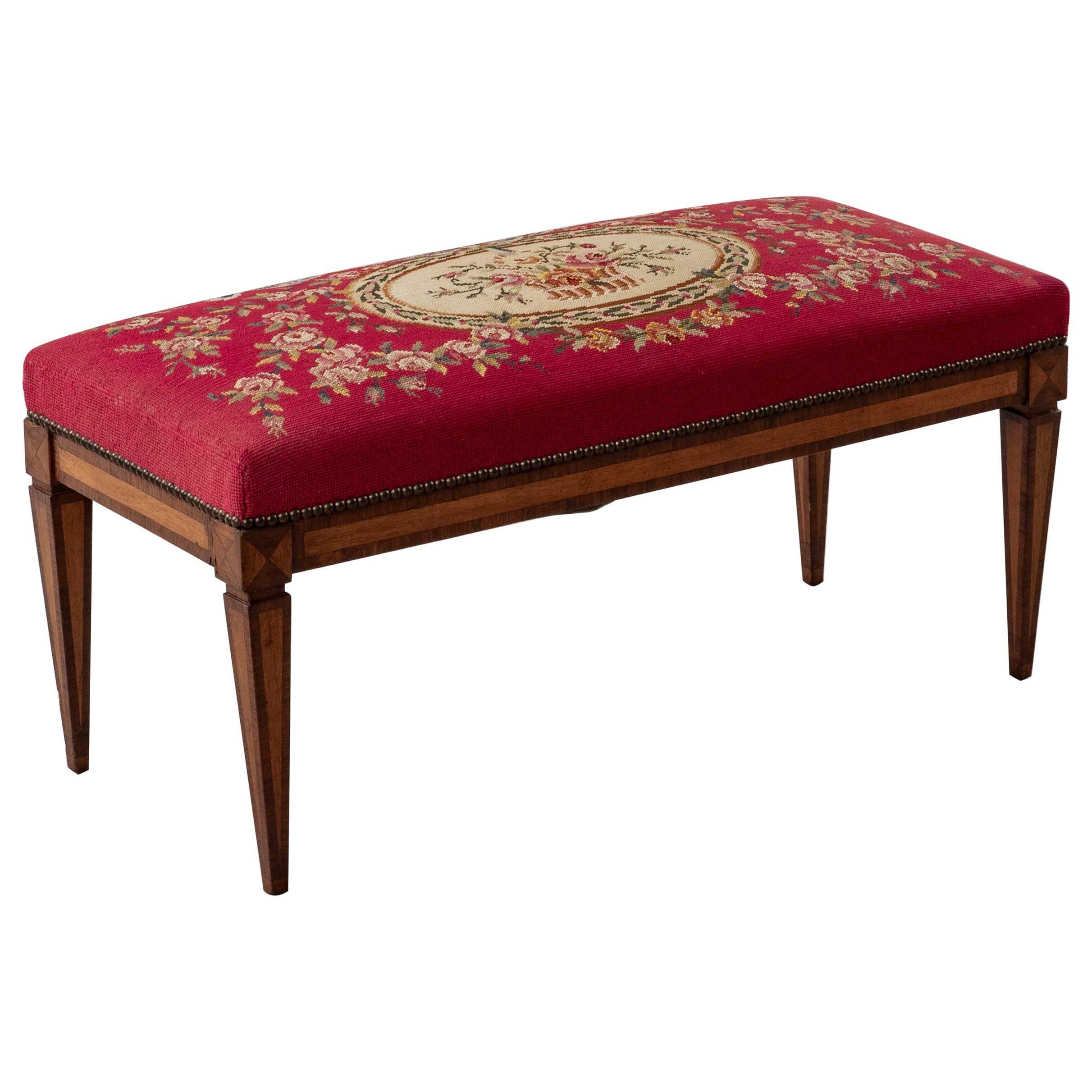 19th Century French Louis XVI Style Marquetry Bench, Banquette, Needlepoint  For Sale