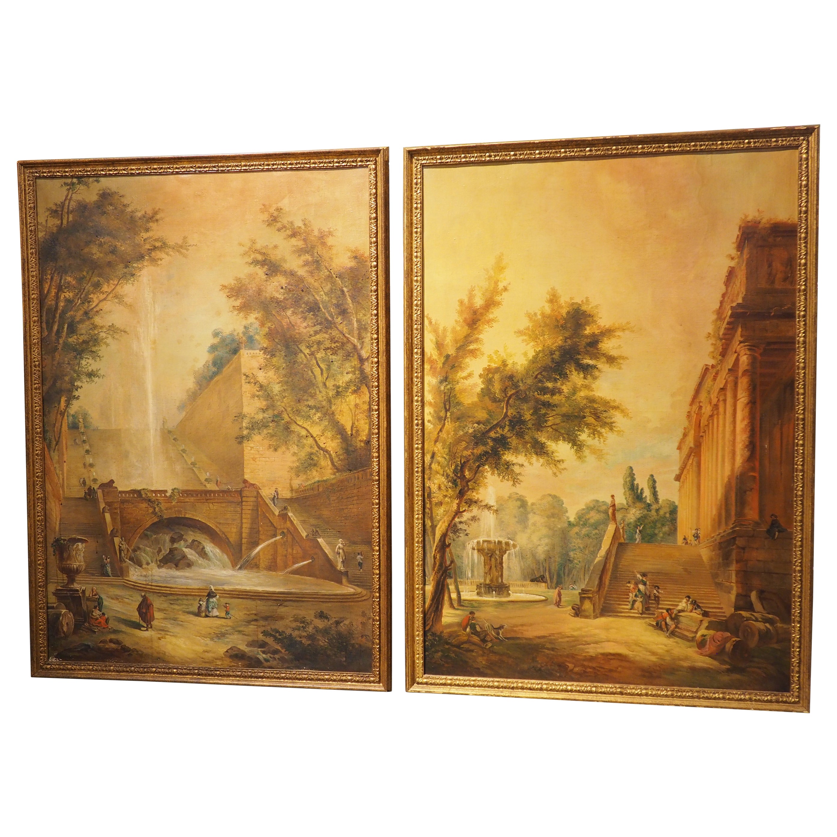 Paire de peintures italiennes anciennes de paysages de Capriccio, vers 1850 en vente